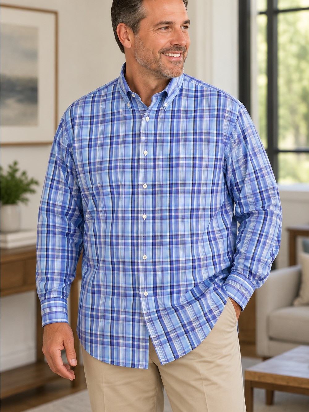 Tailorbyrd Men’s 4XLT Big Tall Blue Plaid Long Sleeve Button Down Shirt
